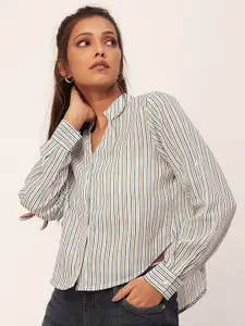 Moomaya Mandarin Collar Vertical Striped Opaque Casual Shirt