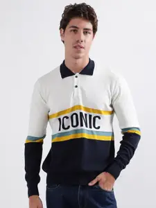 Iconic Typography Printed Polo Collar Pure Cotton Pullover