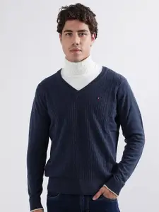 Iconic Cable Knit Self Design V-Neck Woollen Pullover