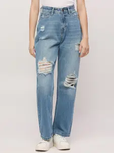 Pepe Jeans Women Straight Fit High-Rise Highly Distressed Heavy Fade Pure Cotton Jeans