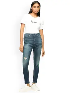 Pepe Jeans Women Skinny Fit High-Rise Mildly Distressed Light Fade Stretchable Jeans
