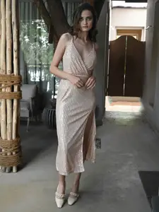 ODETTE Shoulder Strap Sequinned Padded Side Slit Net Midi Dress