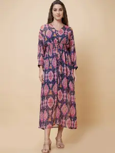 Globus Floral Printed Smocked Detailed Cuffed Sleeve Fit & Flare Dress