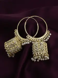 PRIVIU Gold-Plated Stone-Studded & Beaded Dome Shaped Hoop Earrings