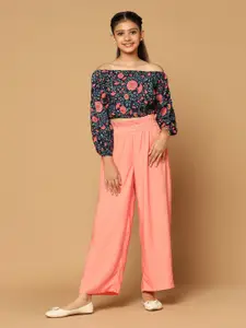 FASHION DREAM Girls Floral Printed Off-Shoulder Top with Trousers