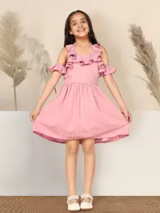 FASHION DREAM Girls Striped Cold-Shoulder Sleeves Ruffle Detailed Fit & Flare Dress