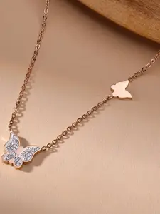 MYKI Rose Gold-Plated Stainless Steel Butterfly Shaped Stones Studded Pendant Necklace