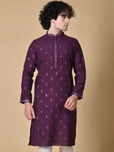 MAAHI FABS Floral Embroidered Mandarin Collar Regular Sequinned Kurta With Churidar