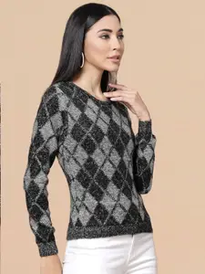 DressBerry Black Geometric Printed Round Neck Pullover Sweater