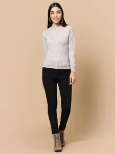 DressBerry Grey Self Design Round Neck Pullover Sweater