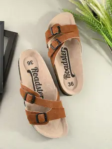 The Roadster Lifestyle Co. Buckle Detail Leather Open Toe Flats