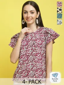 Poshyaa Pack Of 4 Floral Printed Flared Sleeves Crepe Tops