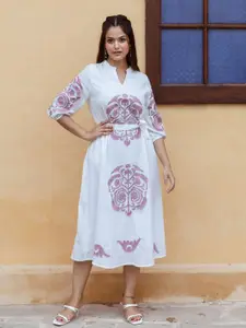 Aadews Ethnic Motifs Embroidered Mandarin Collar Cotton A-Line Dress