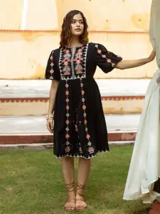 Aadews Embroidered Round Neck Puff Sleeves Fit & Flare Cotton Dress