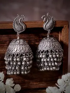 Rubans Silver-Plated Beaded Oxidised Peacock Shaped Jhumkas Earrings
