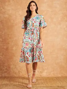 RIVZA Floral Printed Flared Sleeve Cotton A-Line Dress
