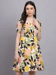 Rediscover Fashion Cream-Coloured Floral Print Puff Sleeve Crepe Fit & Flare Dress