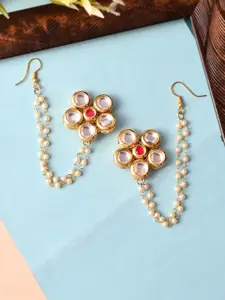 Fabstreet Gold-Plated Kundan Studded Floral Studs Earrings With Earchain