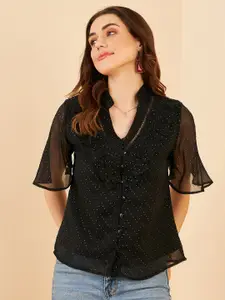 Marie Claire Polka Dots Printed Mandarin Collar Flared Sleeves Ruffles Shirt Style Top