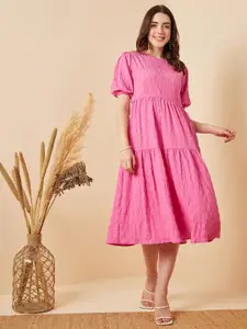 Marie Claire Pink Self Design Puff Sleeve Tiered Midi Dress
