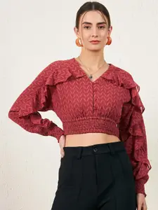 Marie Claire Self Design Cuffed Sleeves Smocking Regular Crop Top