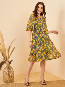 Marie Claire Yellow Floral Printed Square Neck Puff Sleeve Fit & Flare Tiered Dress