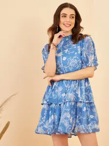 RARE Blue Floral Print Chiffon Fit & Flare Dress