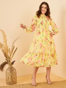 RARE Yellow Floral Print Bell Sleeve Georgette Fit & Flare Midi Dress