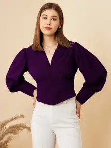 RARE Purple V-Neck Cuffed Sleeves Top