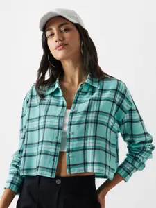 The Souled Store Relaxed Tartan Checked Crop Casual Shirt