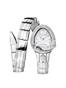 Roberto Cavalli by Franck Muller Women White Embellished Dial & Silver Toned Stainless Steel Bracelet Style Watch