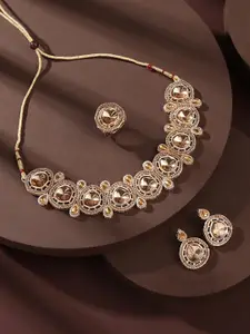 Zaveri Pearls Gold-Plated Kundan-Studded & Pearl Beaded Necklace & Earrings & Finger Ring