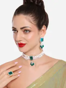 Zaveri Pearls Gold-Plated Stone-Studded & Artificial Beaded Necklace Earrings & Ring