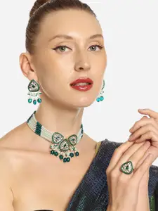 Zaveri Pearls Gold-Plated Kundan Stones & Beads Necklace With Earrings & Finger Ring