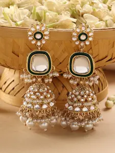 Zaveri Pearls Gold Plated Dome Shaped Kundan Studded & Beaded Jhumkas