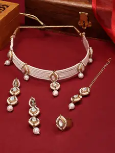 Zaveri Pearls Gold-Plated Kundan & Beads Necklace, Earrings,Maangtikk & Ring