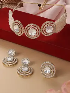 Zaveri Pearls Gold-Plated Stone-Studded & Beaded Choker Necklace Earrings & Ring