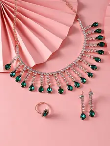 Zaveri Pearls Gold-Plated Cubic Zirconia-Studded Necklace With Earrings & Finger Ring