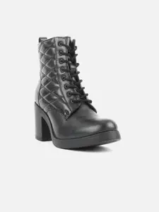 Carlton London Women Quilted Block-Heeled Mid-Top Chunky Boots