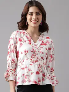 Latin Quarters Floral Printed Bell Sleeve Wrap Top