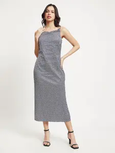 FableStreet Geometric Printed Shoulder Straps Satin Sheath Midi Dress