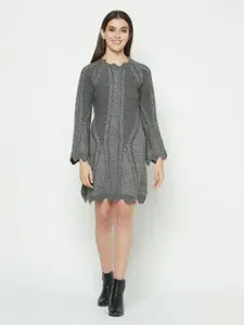 Knitstudio Self Design High Neck Long Sleeves Acrylic Knits A-Line Dress