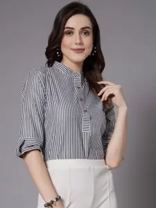 Style Quotient Grey Vertical Striped Mandarin Collar Shirt Style Top