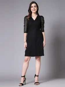 Style Quotient Black Self Design V-Neck Cotton Wrap Dress