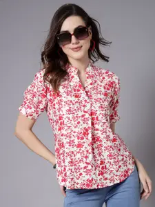 Style Quotient Red Floral Print Mandarin Collar Shirt Style Top