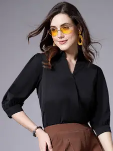 Style Quotient Mandarin Collar Cuffed Sleeves Formal Shirt Style Top