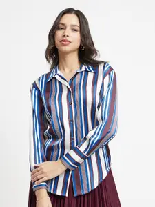 FableStreet Women Navy Blue Relaxed Opaque Striped Formal Shirt