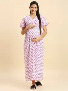 MomToBe Floral Printed Pure Cotton Maxi Maternity Nightdress