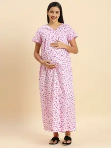 MomToBe Floral Printed V-Neck Pure Cotton Maxi Maternity Nightdress