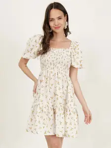 DRIRO Floral Printed Square Neck Puff Sleeve Smocked Tiered Fit & Flare Dress